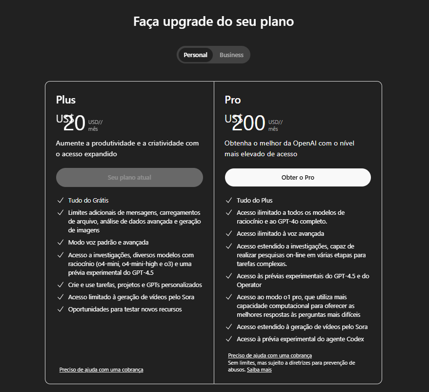 Guia para iniciantes no Chat GPT - planos do Chat GPT